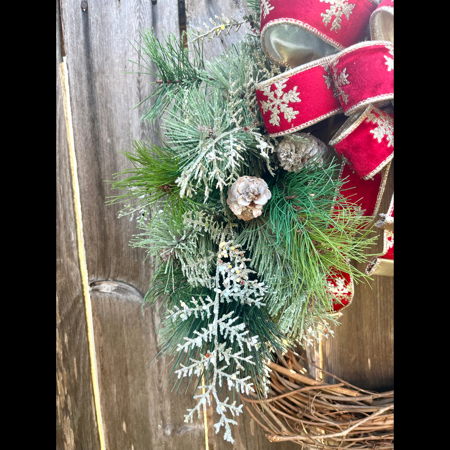 Red Christmas Wreath with Bow – Winter Pine & Snowflake Holiday Decor
