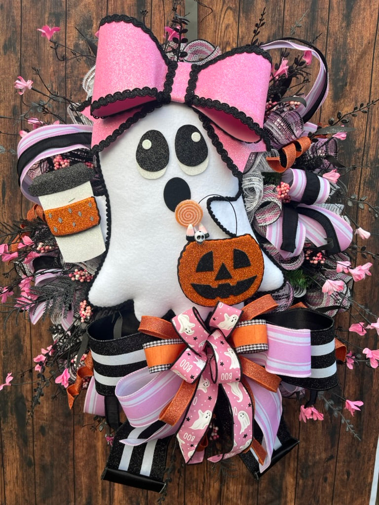 Glam Ghost Halloween Wreath with Coffee Cup & Pink Bow | Spooky Cute Door Décor