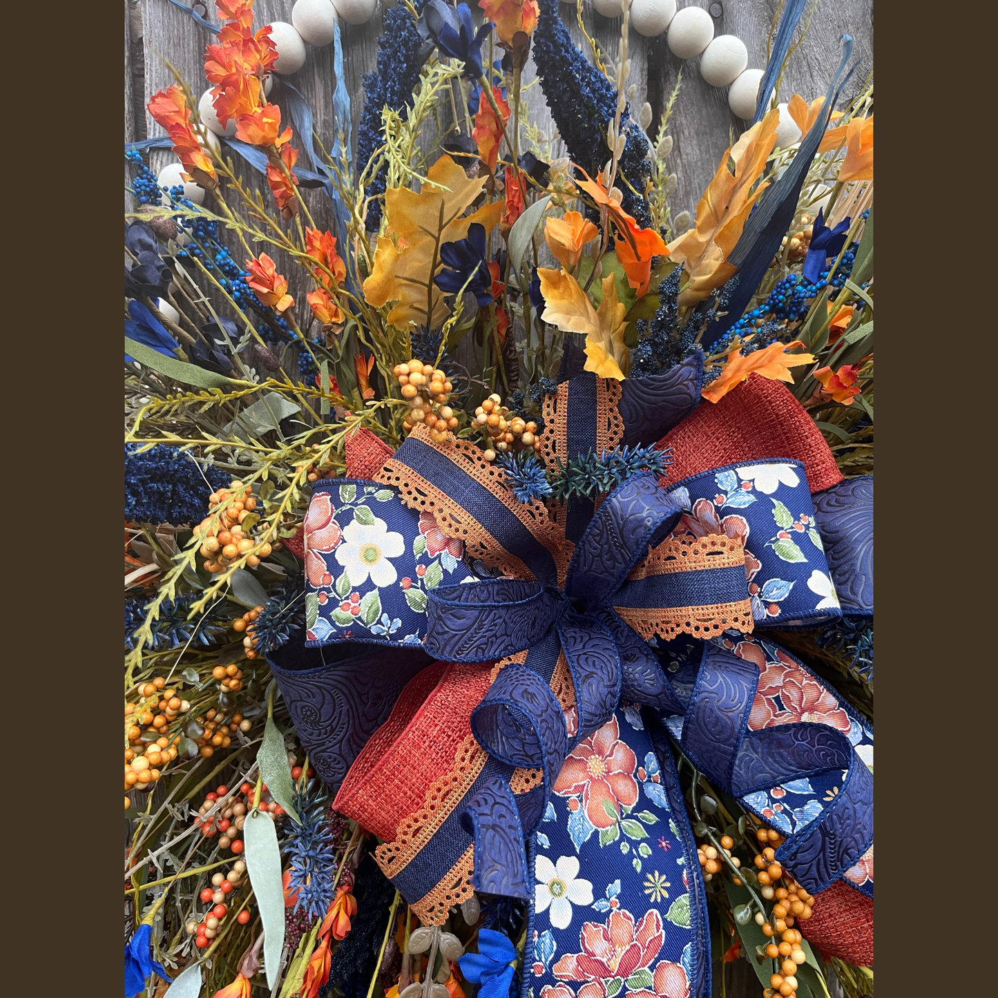 Fall Hoop Wreath with Navy & Orange Florals | Rustic Harvest Door Decor