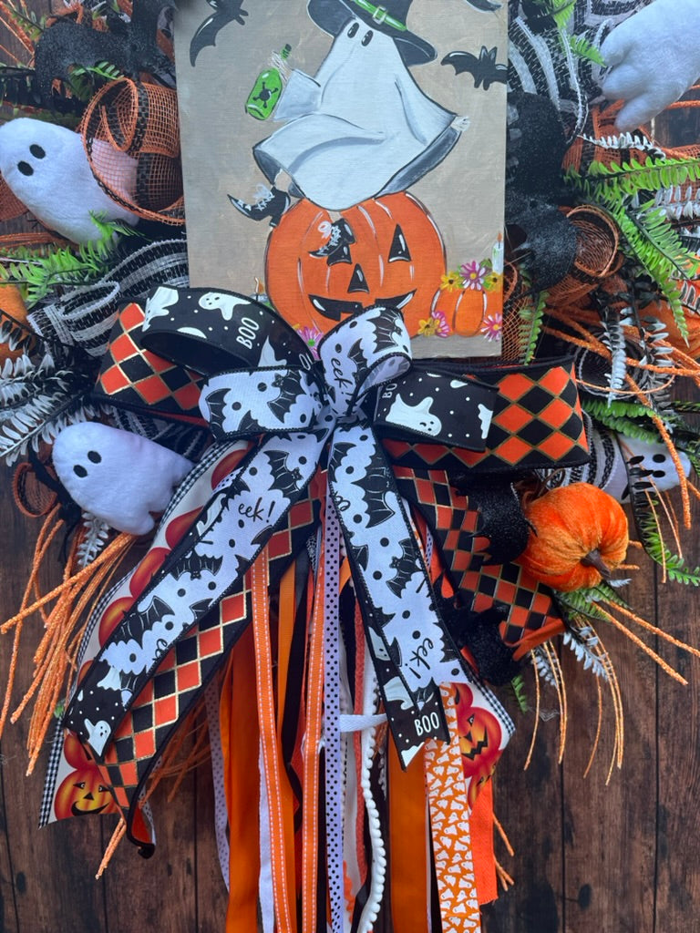 Whimsical Halloween Ghost Wreath with Pumpkin, Bats & Ribbons – Spooky Front Door Decor