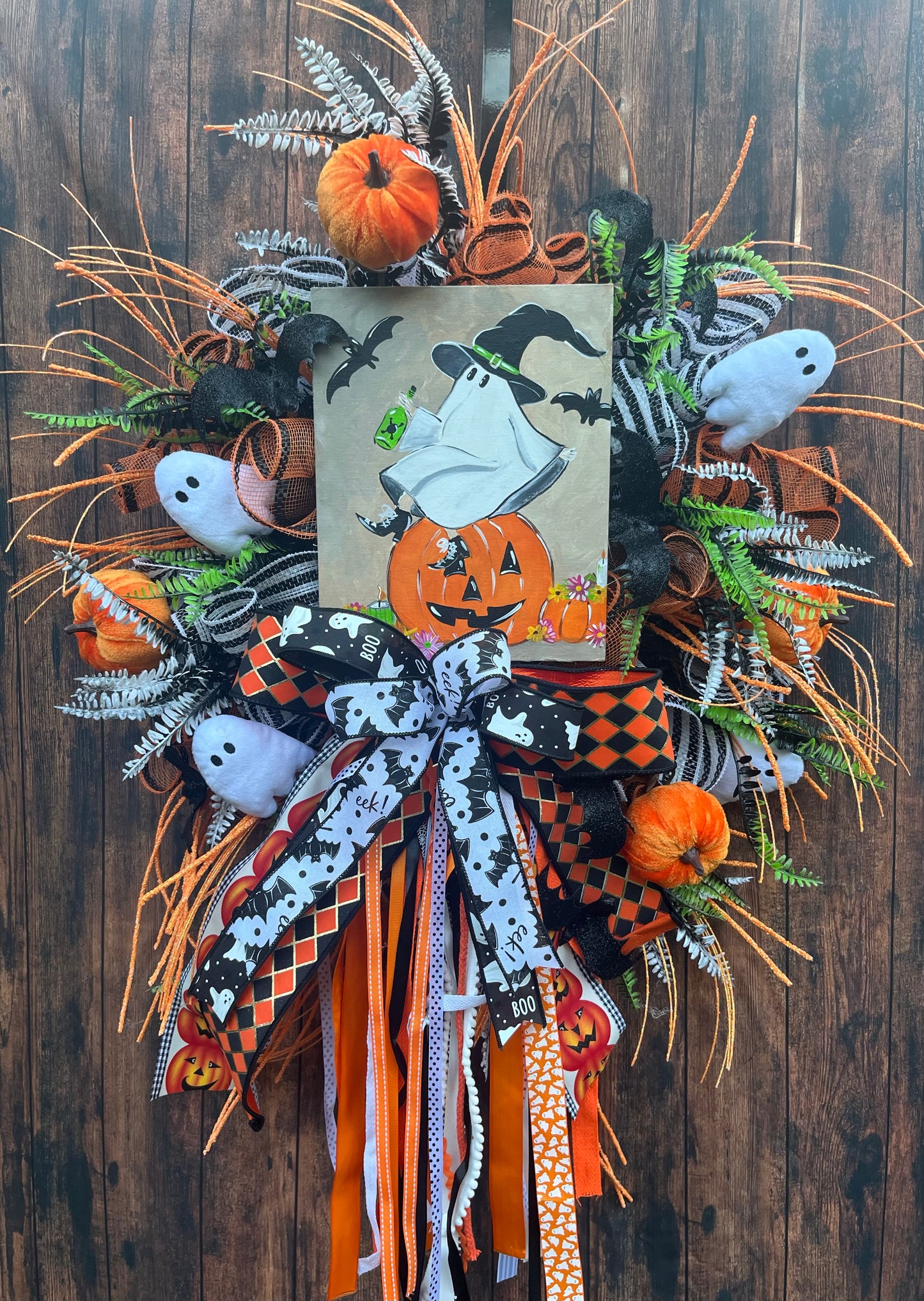 Whimsical Halloween Ghost Wreath with Pumpkin, Bats & Ribbons – Spooky Front Door Decor