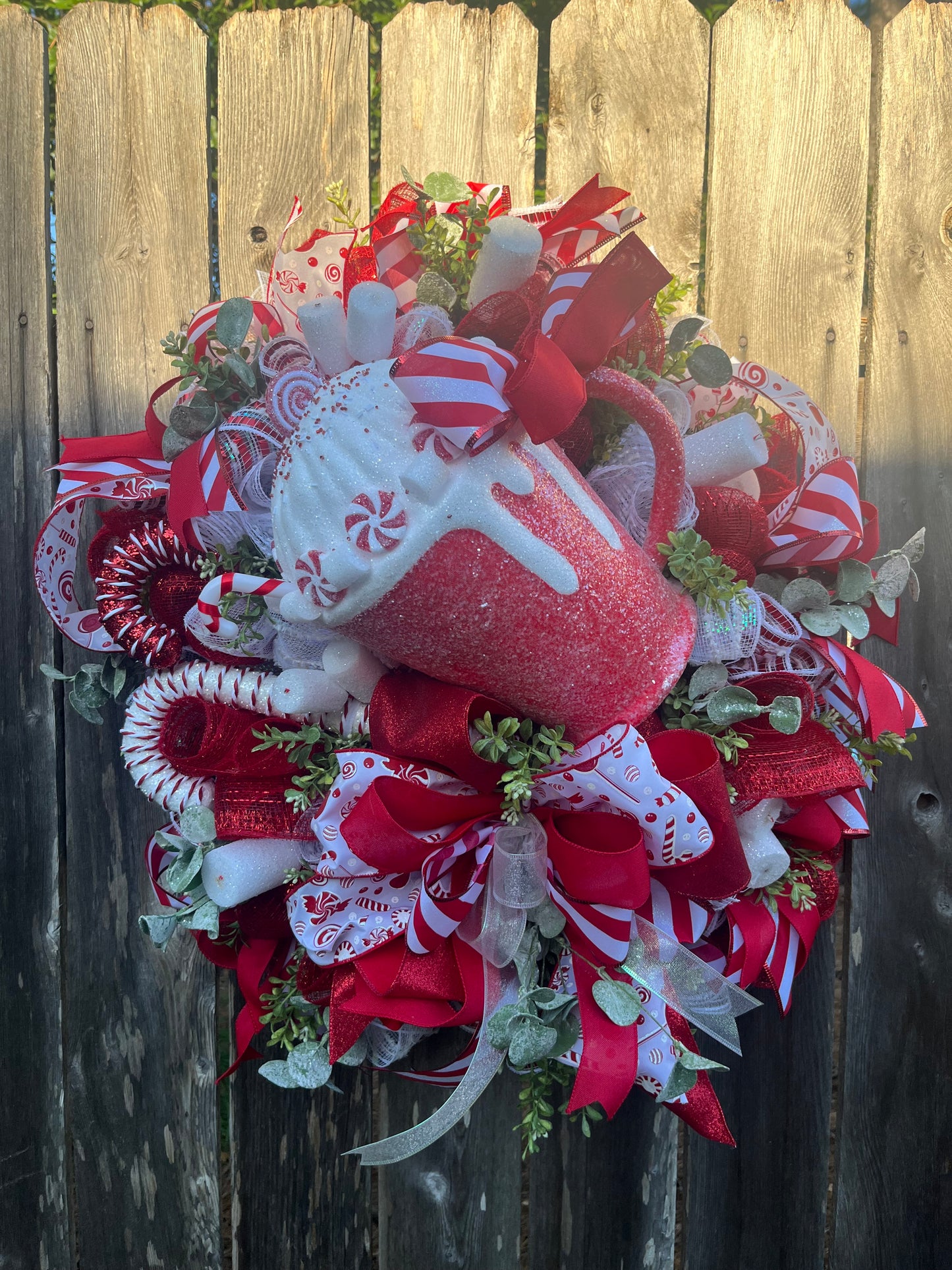 Christmas Hot Cocoa Wreath for front door, Peppermint Candy theme, whimsical Christmas wreath, front door decor, Holiday gifts
