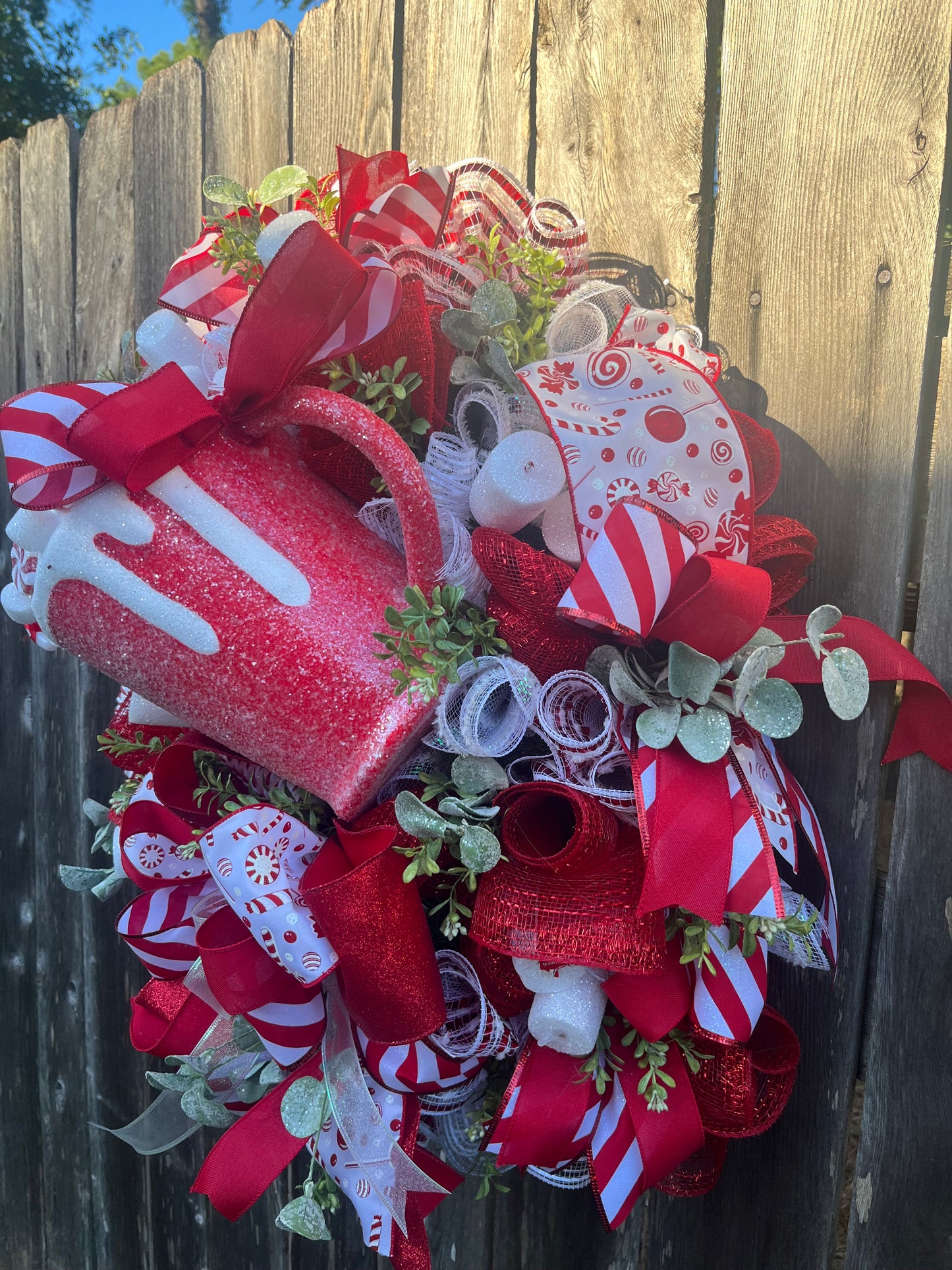 Christmas Hot Cocoa Wreath for front door, Peppermint Candy theme, whimsical Christmas wreath, front door decor, Holiday gifts