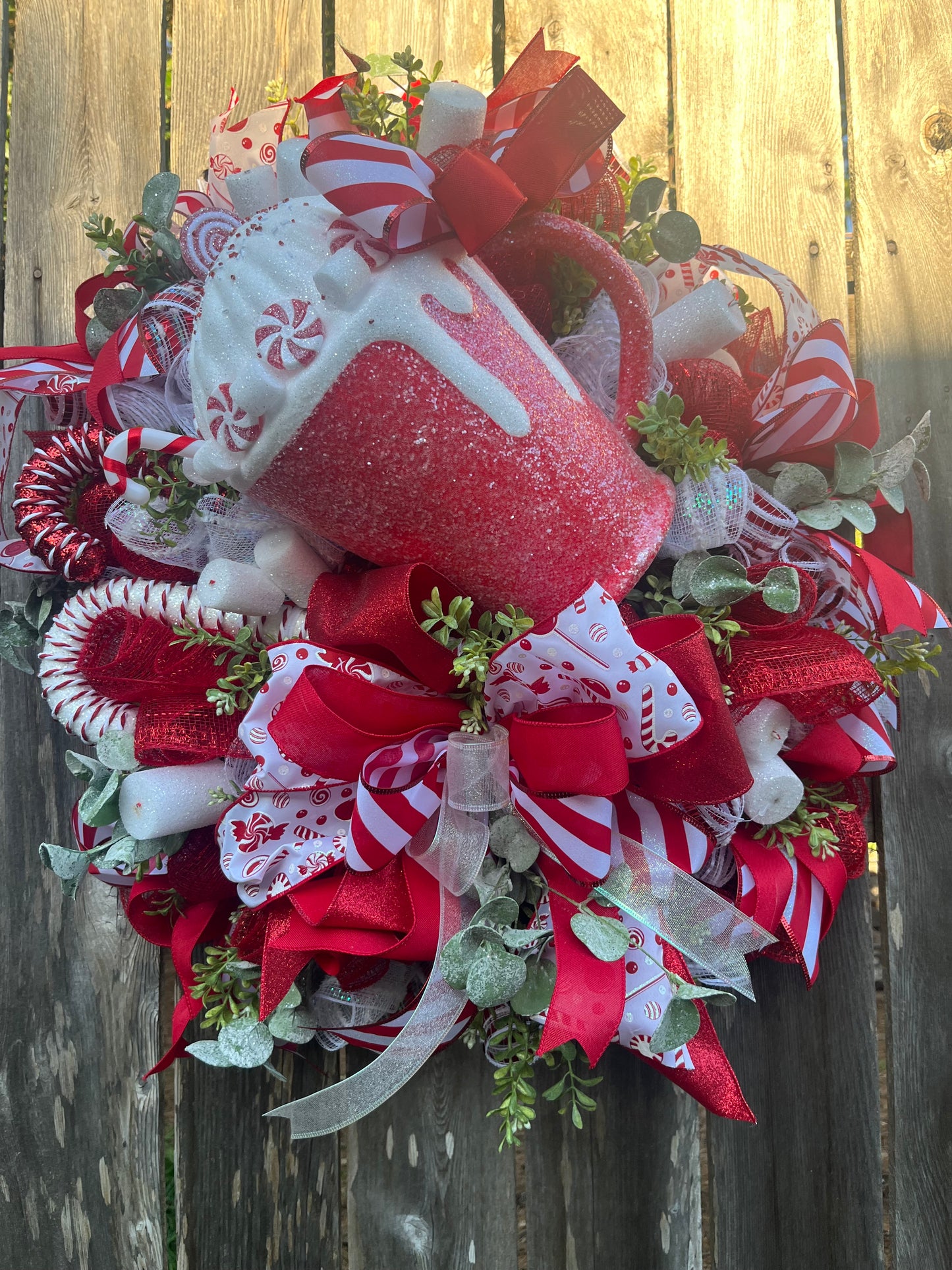 Christmas Hot Cocoa Wreath for front door, Peppermint Candy theme, whimsical Christmas wreath, front door decor, Holiday gifts