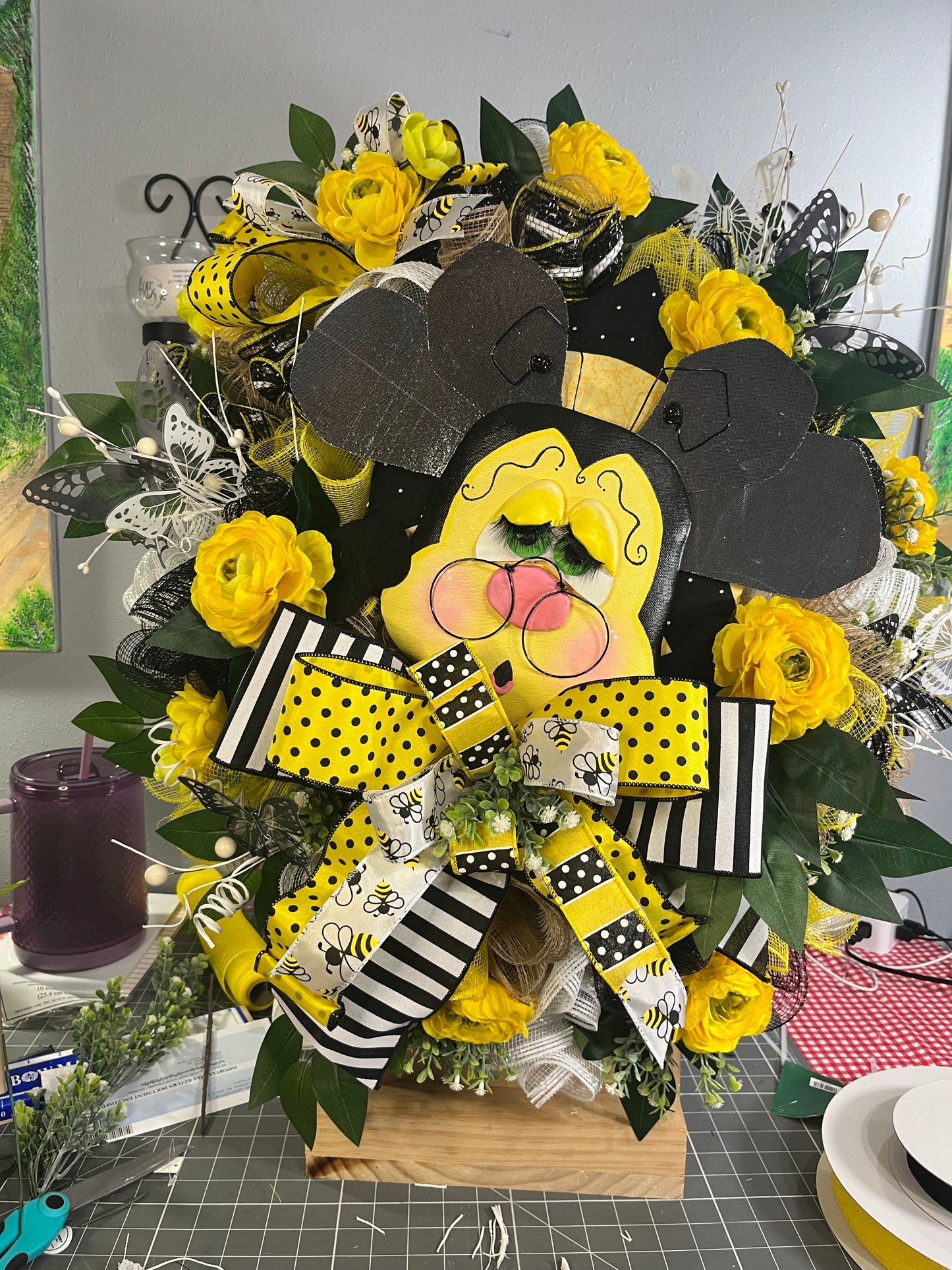 Buzzing Bee Wreath for Front Door - Yellow Floral and Black Striped Bow - Summer Home Decor Accent