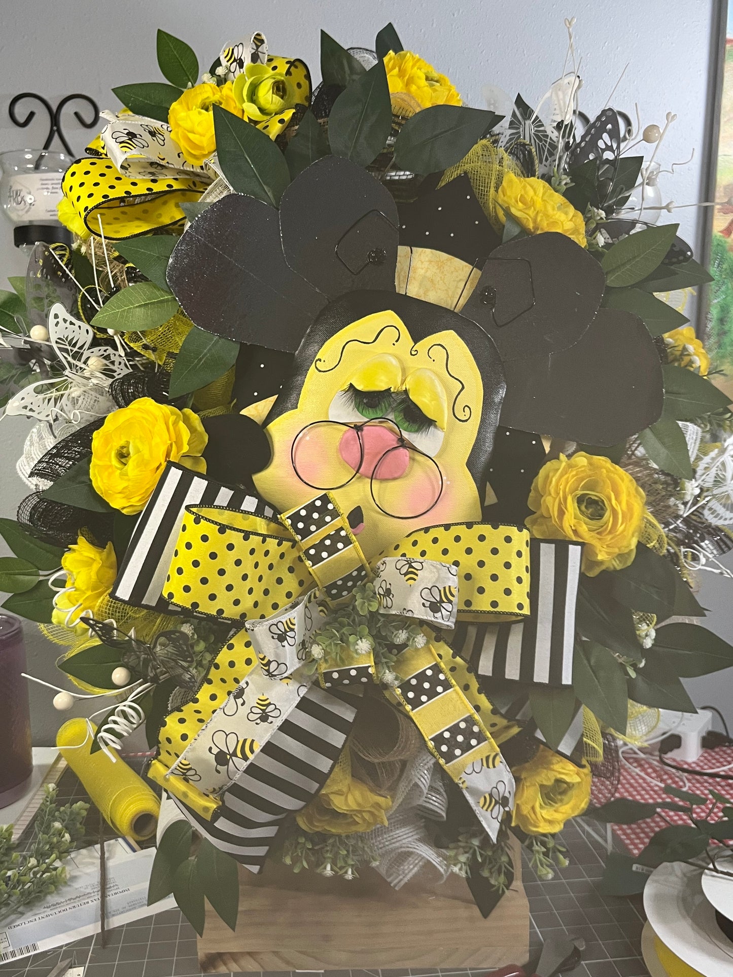 Buzzing Bee Wreath for Front Door - Yellow Floral and Black Striped Bow - Summer Home Decor Accent