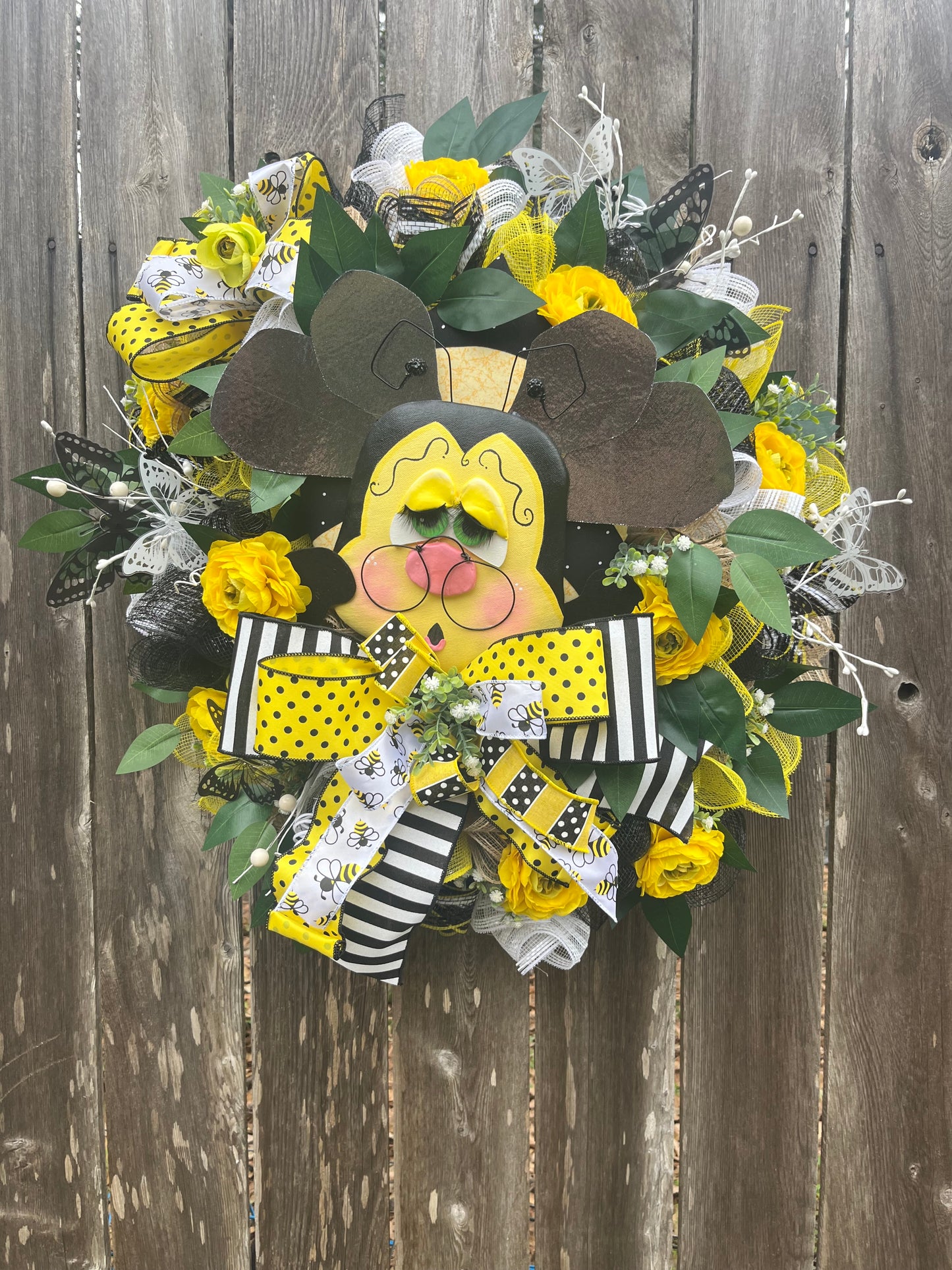 Buzzing Bee Wreath for Front Door - Yellow Floral and Black Striped Bow - Summer Home Decor Accent