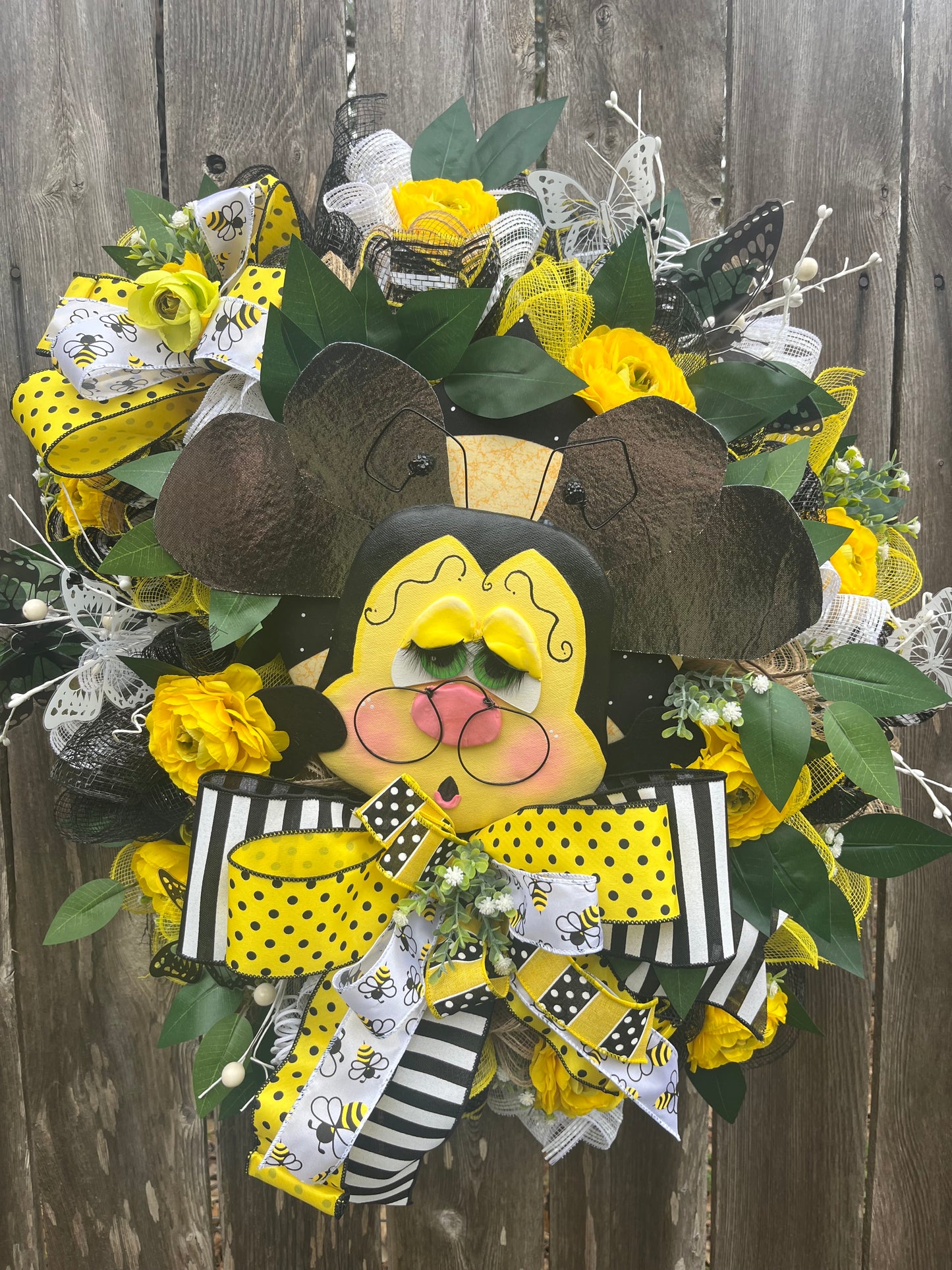 Buzzing Bee Wreath for Front Door - Yellow Floral and Black Striped Bow - Summer Home Decor Accent