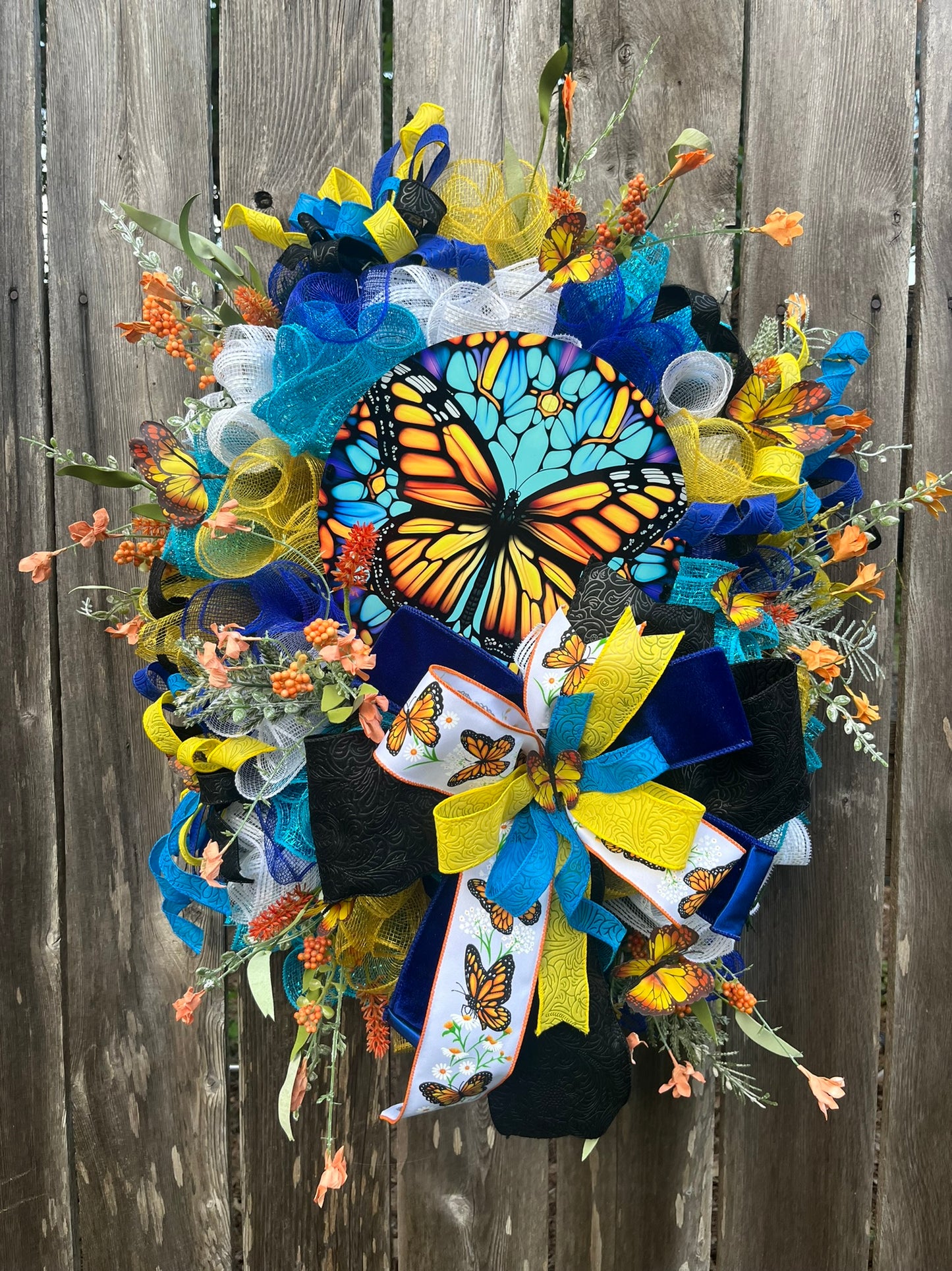 Spring-Summer Butterfly wreath for front door, stained glass decor, summer wreath for front porch, mother's day gift, home decor