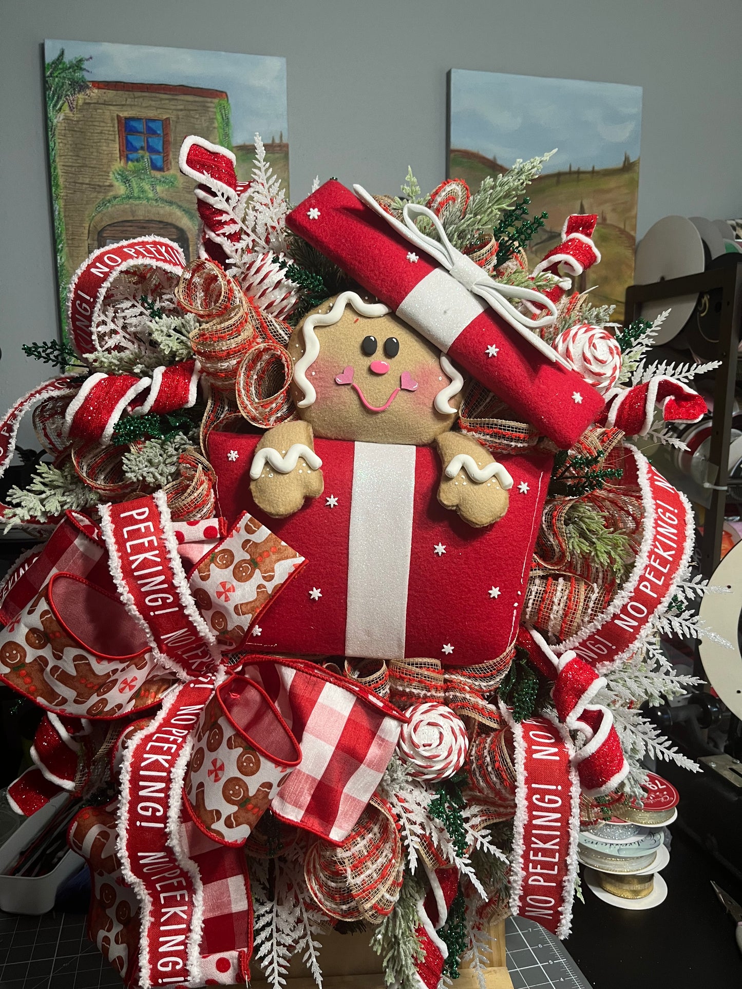Christmas Gingerbread in a present front door wreath, Festive front door decor with Gingerbread and presents, Holiday decor for the home, Gingerbread collection