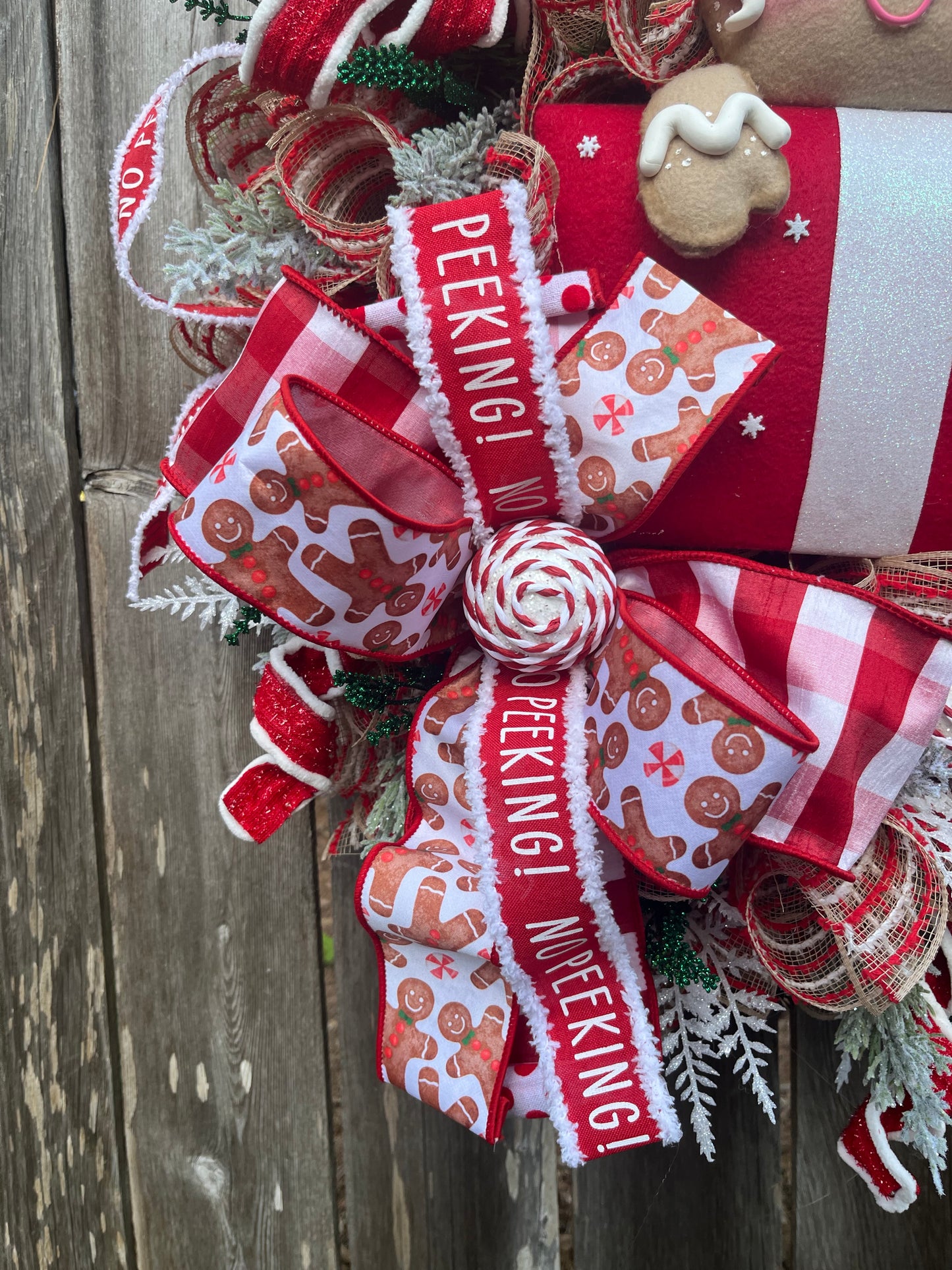 Christmas Gingerbread in a present front door wreath, Festive front door decor with Gingerbread and presents, Holiday decor for the home, Gingerbread collection