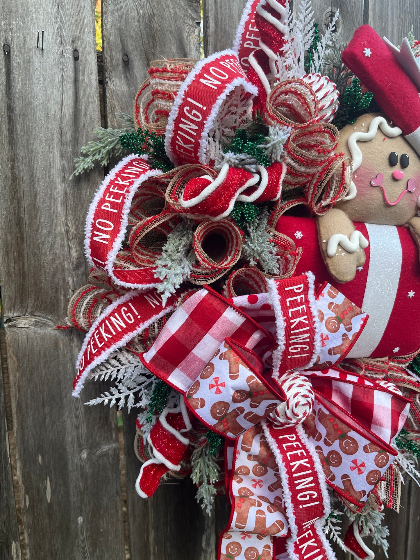 Christmas Gingerbread in a present front door wreath, Festive front door decor with Gingerbread and presents, Holiday decor for the home, Gingerbread collection