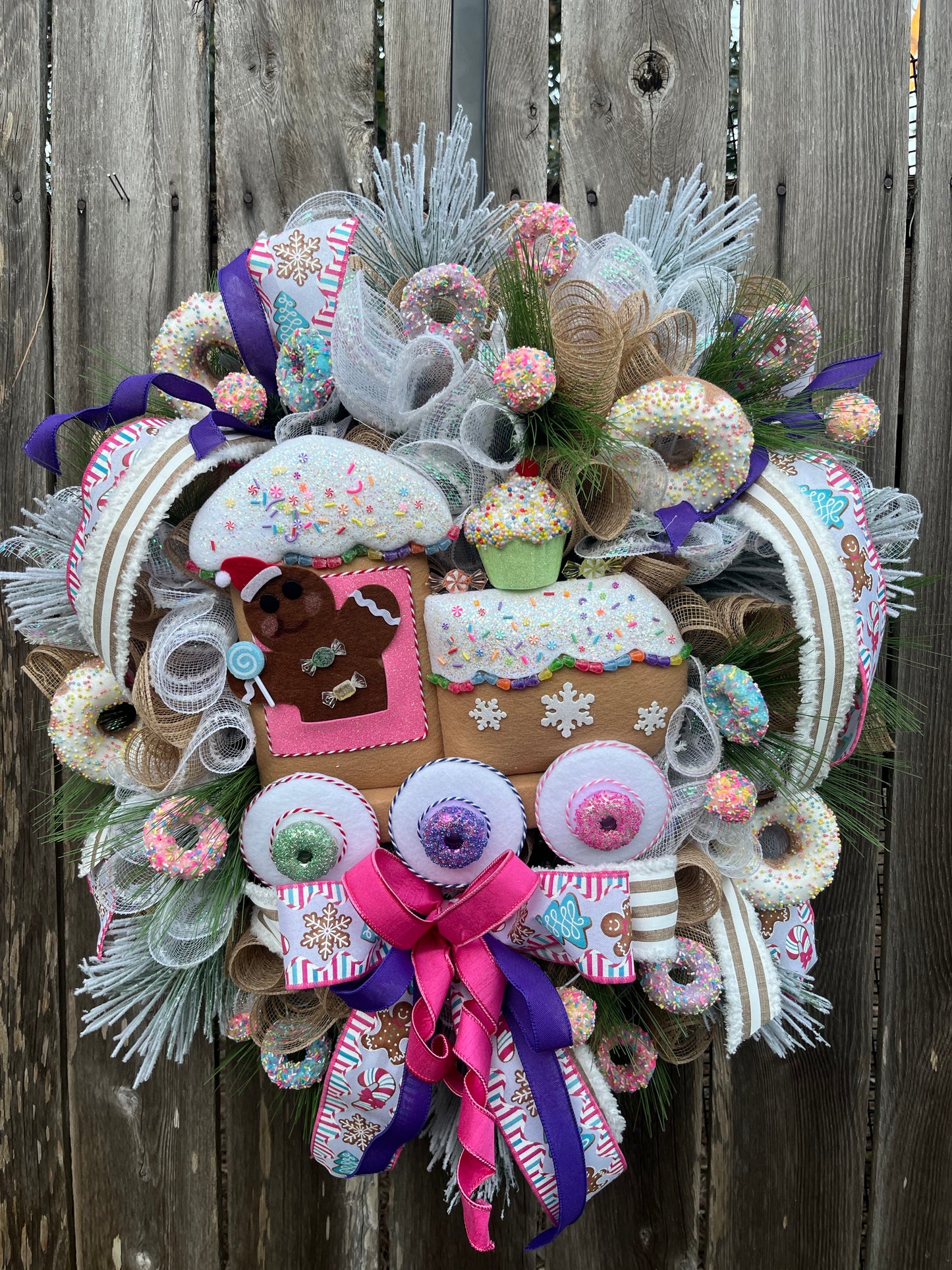 Christmas Gingerbread Train Wreath - Festive Candy Theme Door Decor with Cupcakes, Donut and bows, Holiday front door decoration