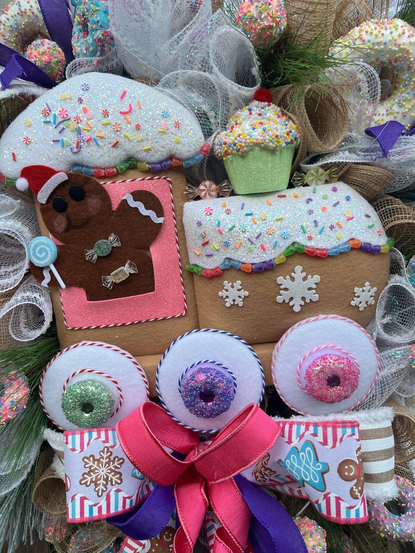 Christmas Gingerbread Train Wreath - Festive Candy Theme Door Decor with Cupcakes, Donut and bows, Holiday front door decoration