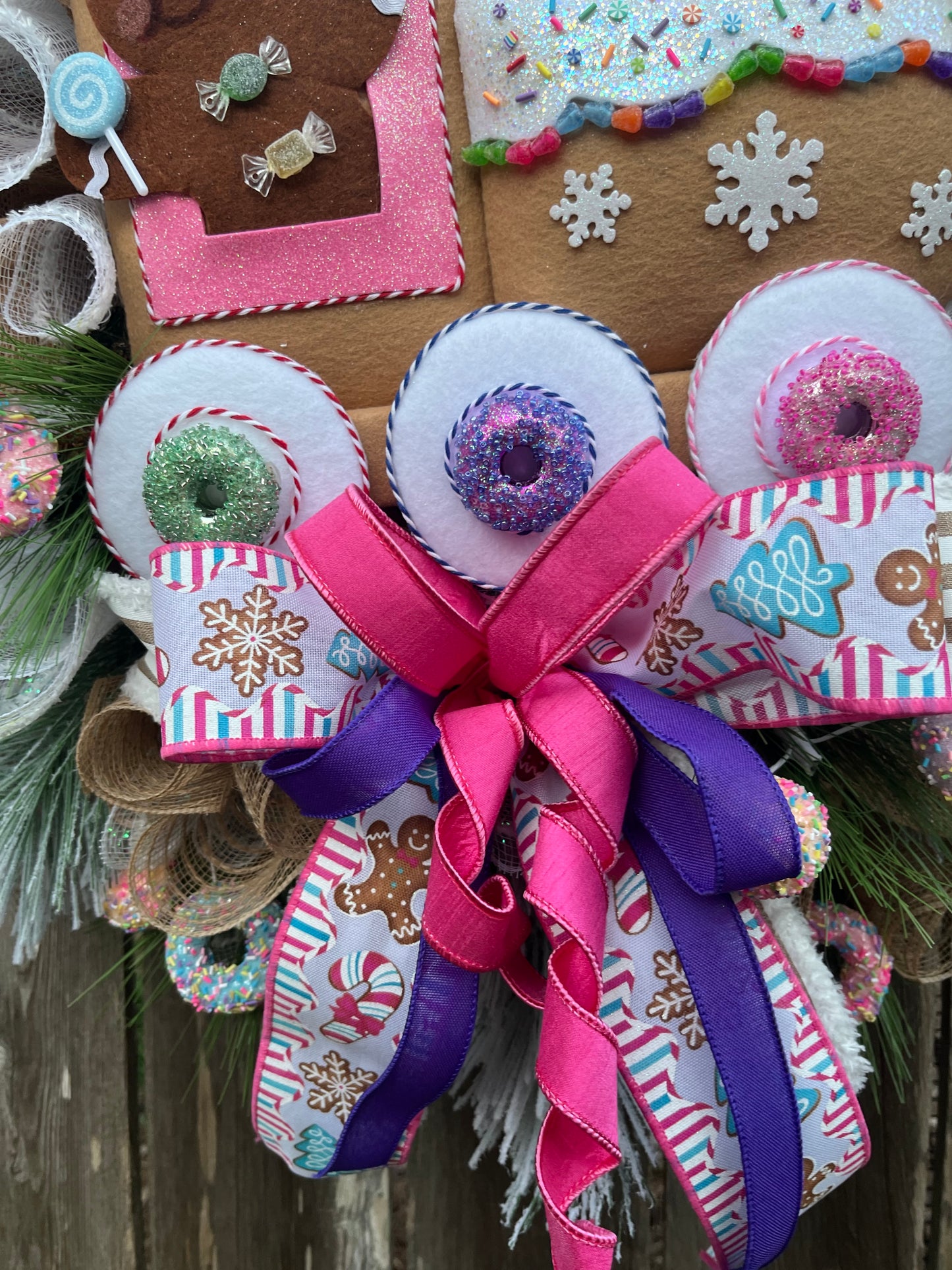 Christmas Gingerbread Train Wreath - Festive Candy Theme Door Decor with Cupcakes, Donut and bows, Holiday front door decoration