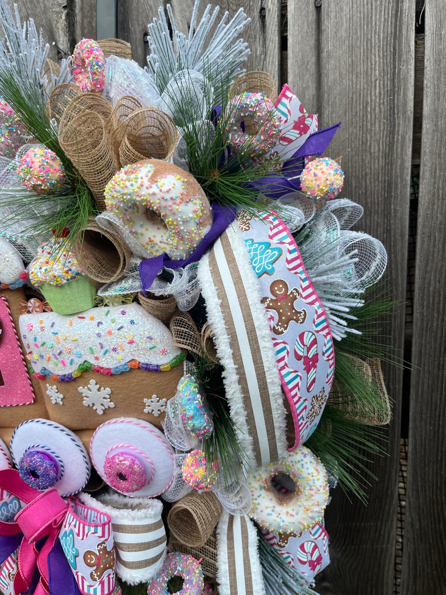 Christmas Gingerbread Train Wreath - Festive Candy Theme Door Decor with Cupcakes, Donut and bows, Holiday front door decoration