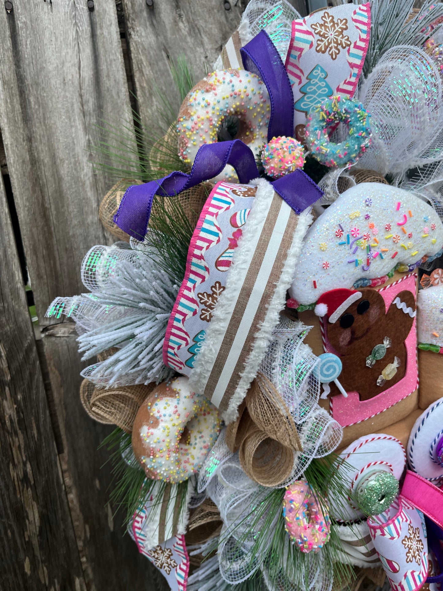 Christmas Gingerbread Train Wreath - Festive Candy Theme Door Decor with Cupcakes, Donut and bows, Holiday front door decoration