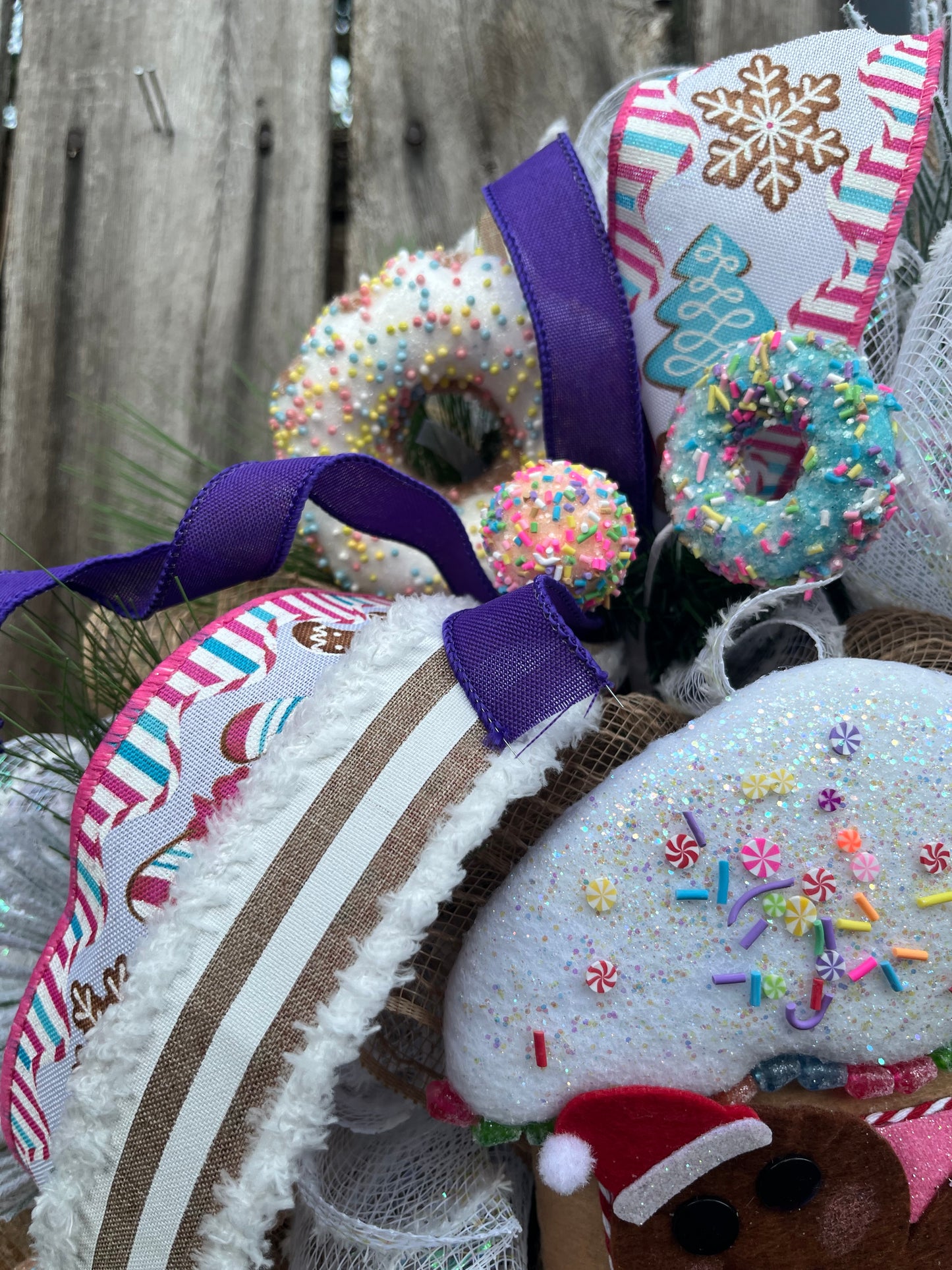 Christmas Gingerbread Train Wreath - Festive Candy Theme Door Decor with Cupcakes, Donut and bows, Holiday front door decoration