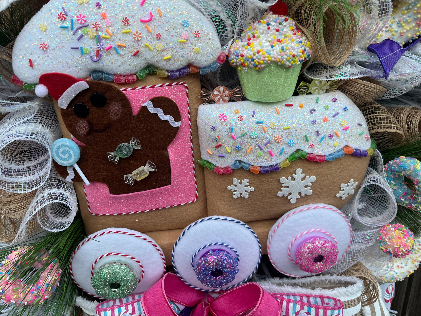 Christmas Gingerbread Train Wreath - Festive Candy Theme Door Decor with Cupcakes, Donut and bows, Holiday front door decoration