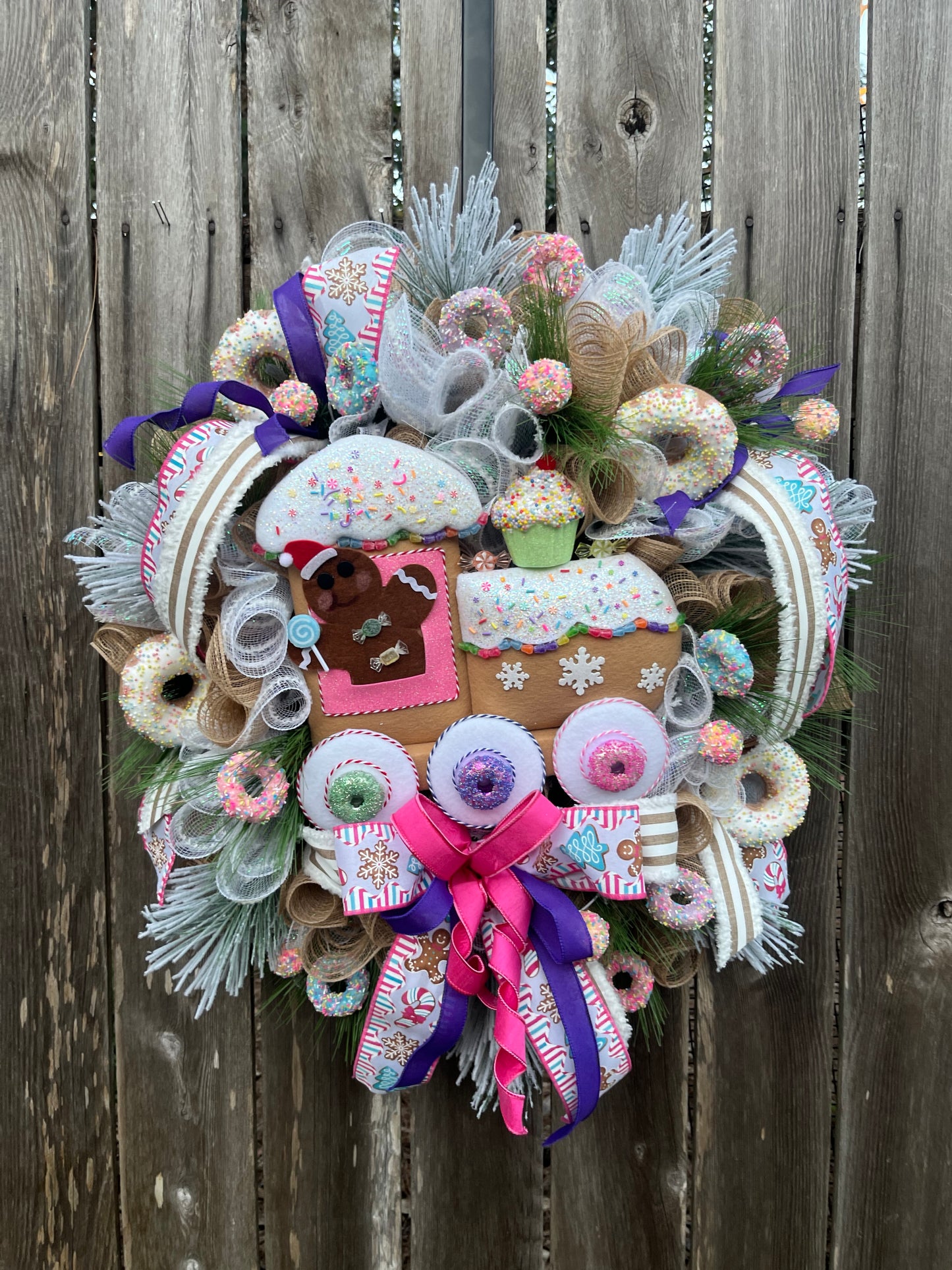 Christmas Gingerbread Train Wreath - Festive Candy Theme Door Decor with Cupcakes, Donut and bows, Holiday front door decoration