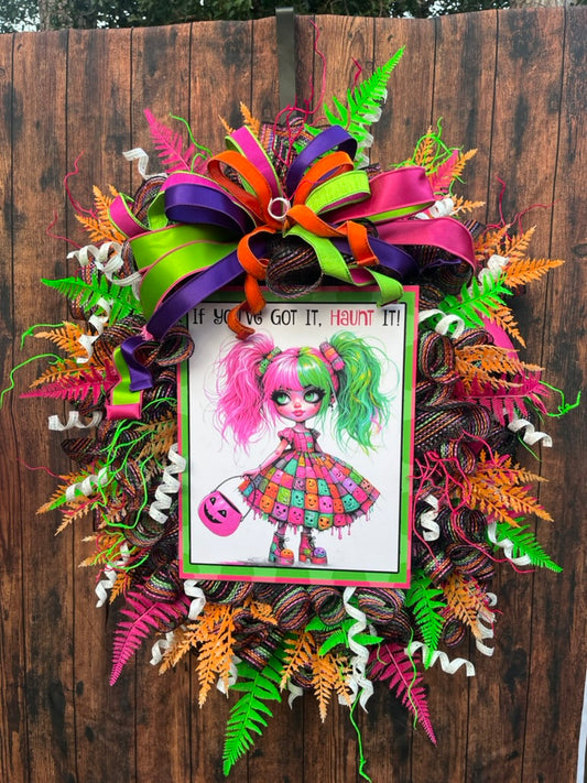 Spooky Halloween Wreath for the Front Door, Neon Halloween Decor