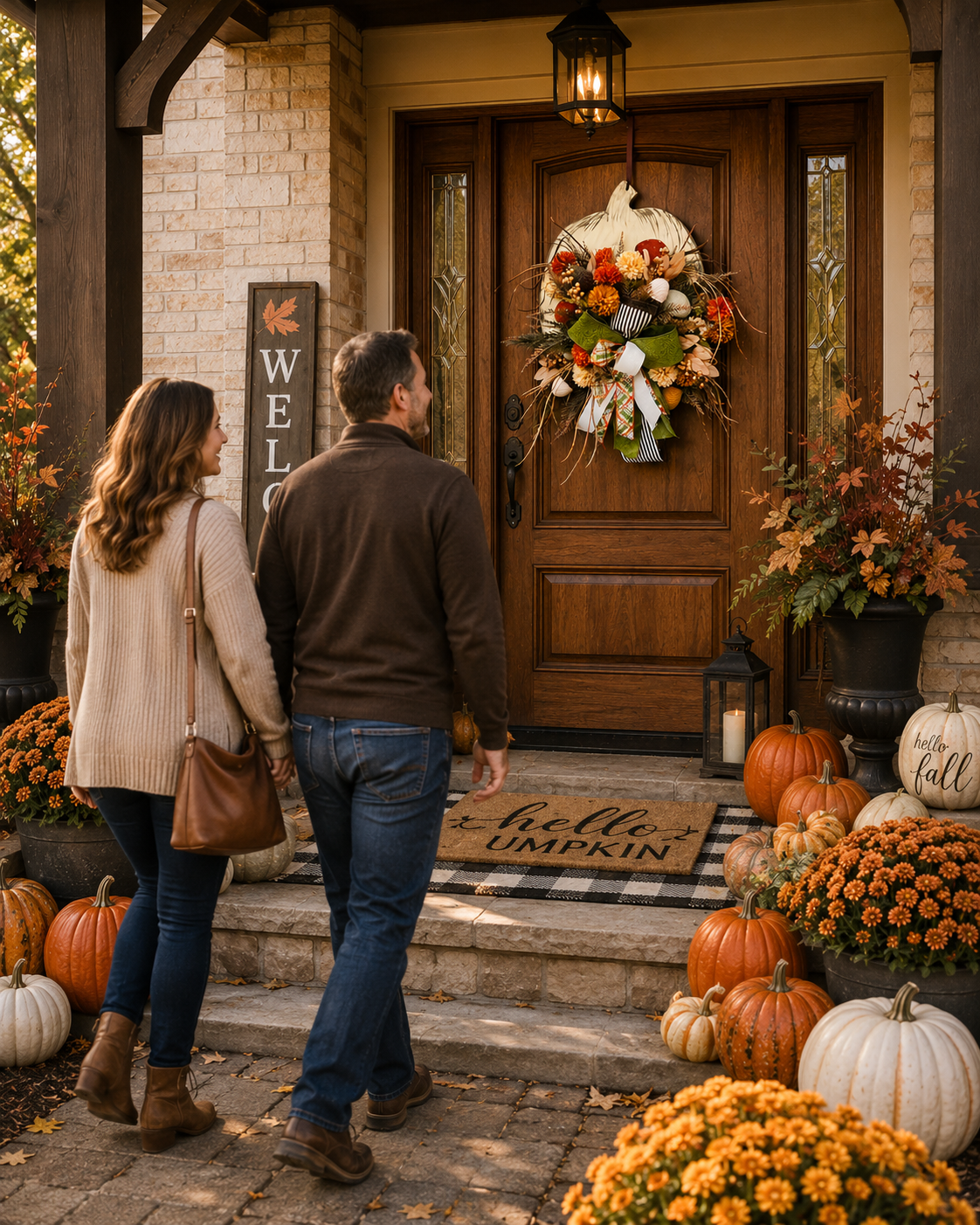 Fall Pumpkin Door Hanger for Front Door Neutral Fall Décor for Front Porch Rustic Autumn Pumpkin Wreath for Living Room Seasonal Accents