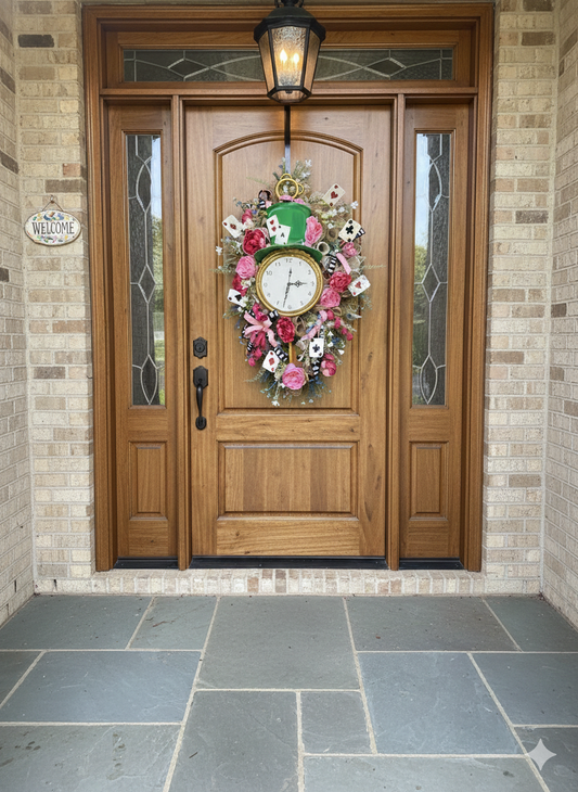 Storybook Tea Party Wreath with Clock – Whimsical Door Decor