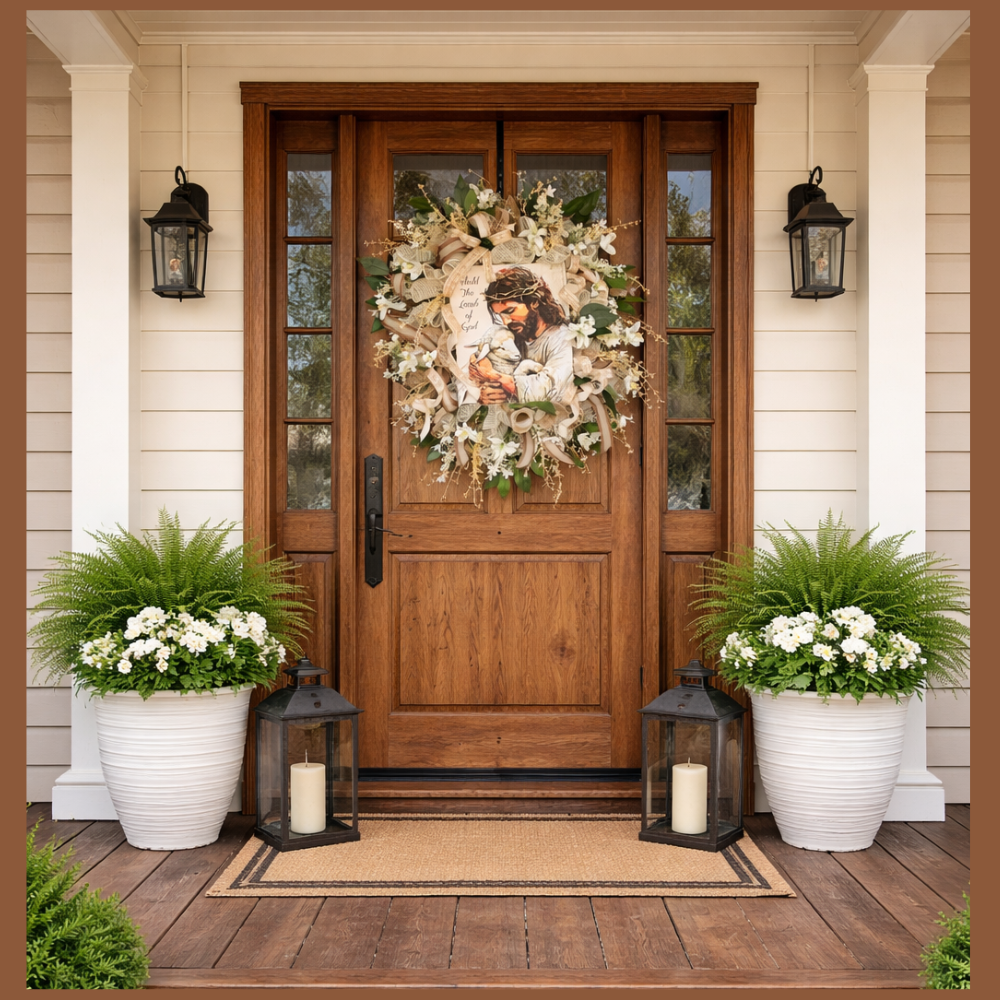 Christian Front Door Wreath with Jesus and Lamb of God – Neutral Elegant Faith Decor for a Warm, Meaningful Entryway
