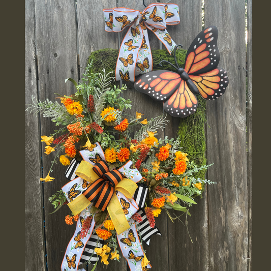 Monarch Butterfly Wreath for Front Door – Summer & Spring Wreath with Orange Florals, Moss Backing & Large Butterfly Accent