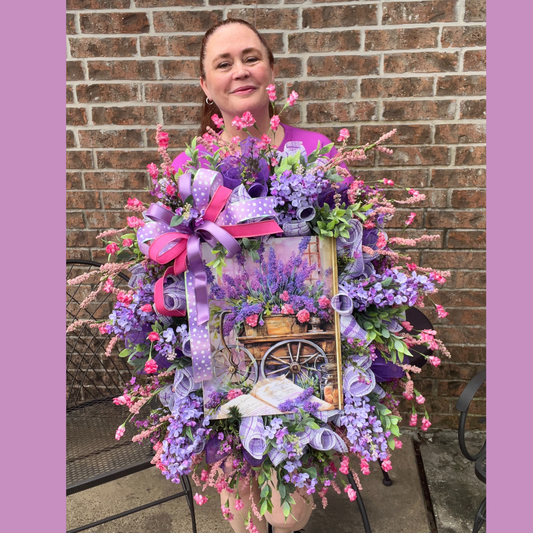 Purple Summer Door Decor with Wildflowers, Whimsical Country Farmhouse Style,Lavender Cart Wreath with Florals & Bows