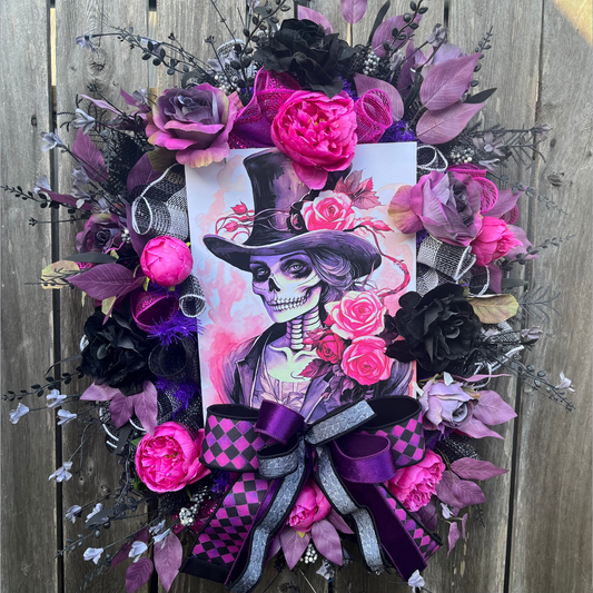Gothic Skeleton Halloween Wreath – Spooky Chic Door Decor - Gothic Home Decor