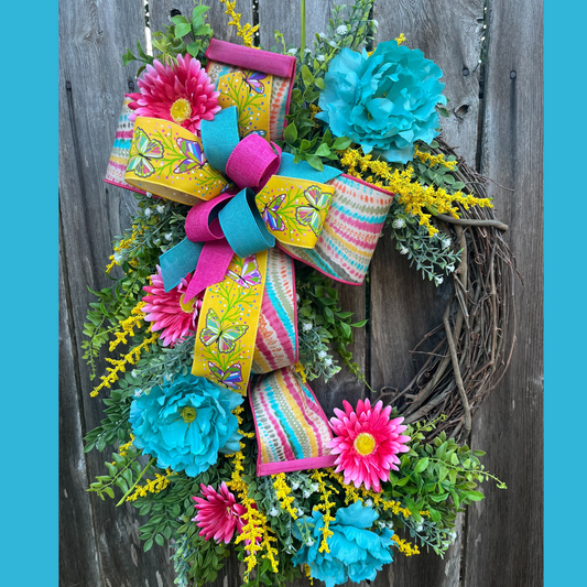 Bright Butterfly Garden Wreath – Vibrant Summer Front Door Decor with Teal & Hot Pink Florals