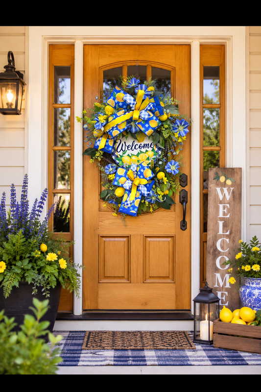 Lemon Welcome Wreath for Front Door | Blue & Yellow Summer Citrus Grapevine Door Hanger