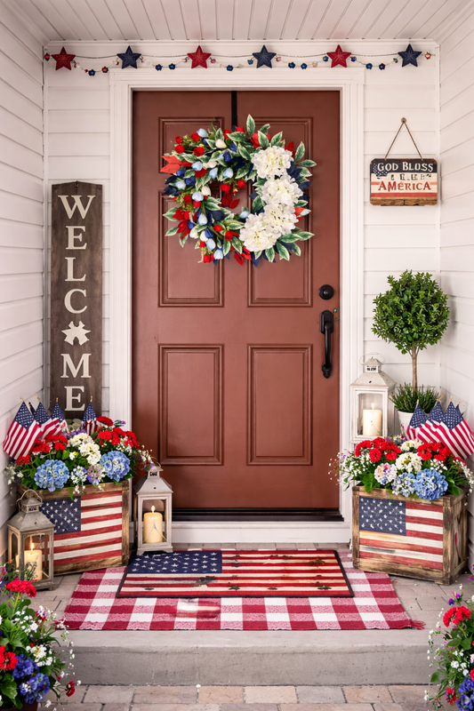 Patriotic Front Door Wreath with Red White Blue Florals | Summer Home Decor | Statement Entryway
