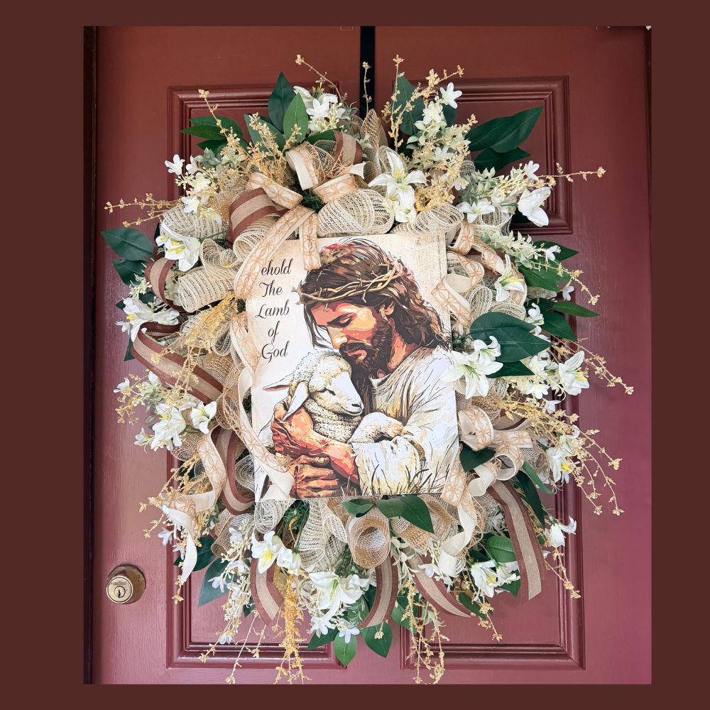 Christian Front Door Wreath with Jesus and Lamb of God – Neutral Elegant Faith Decor for a Warm, Meaningful Entryway