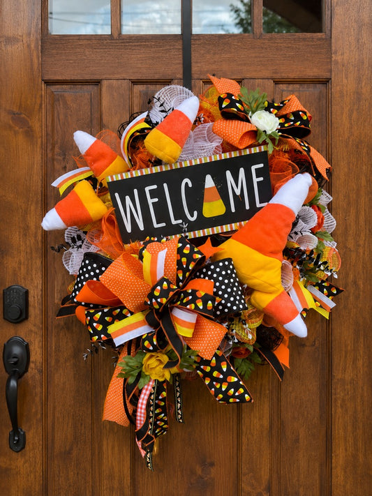 Candy Corn wreath for front door, Halloween candy decorations, Halloween party decorations, fall front door wreath, seasonal decor