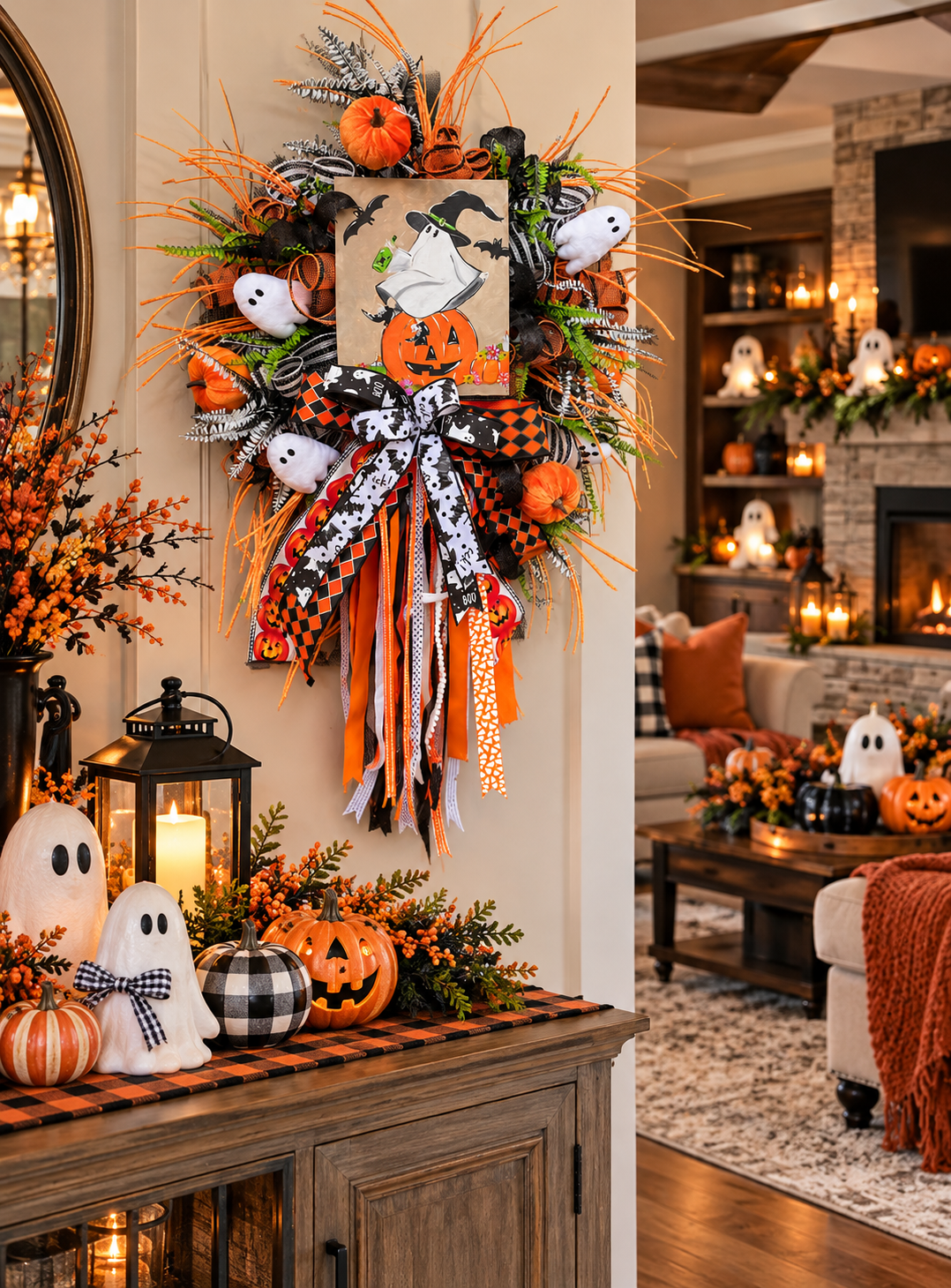 Whimsical Halloween Ghost Wreath with Pumpkin, Bats & Ribbons – Spooky Front Door Decor