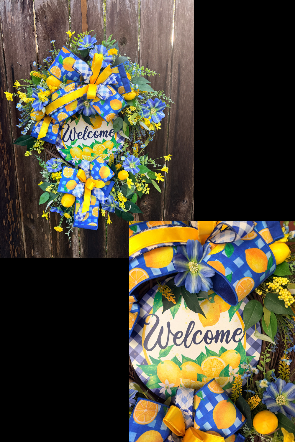 Lemon Welcome Wreath for Front Door | Blue & Yellow Summer Citrus Grapevine Door Hanger
