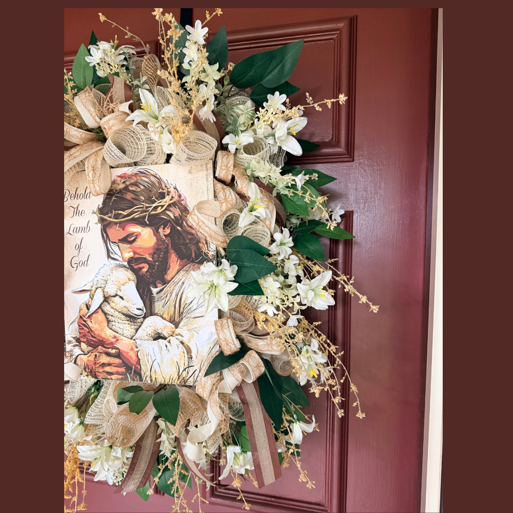 Christian Front Door Wreath with Jesus and Lamb of God – Neutral Elegant Faith Decor for a Warm, Meaningful Entryway