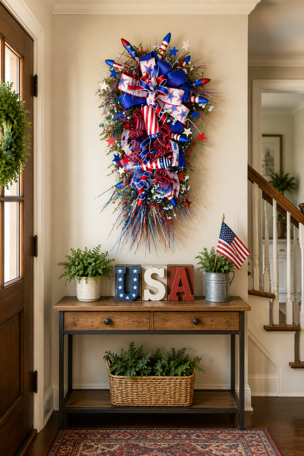 Patriotic Front Door Swag with Firecrackers | Red White Blue Americana Porch Decor