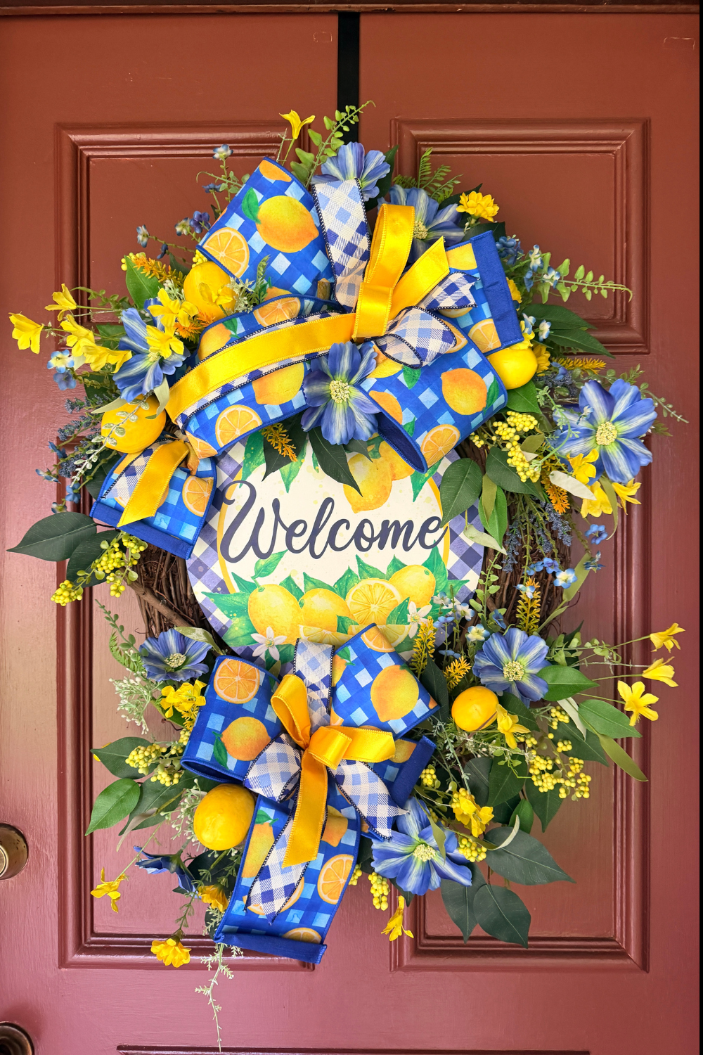 Lemon Welcome Wreath for Front Door | Blue & Yellow Summer Citrus Grapevine Door Hanger