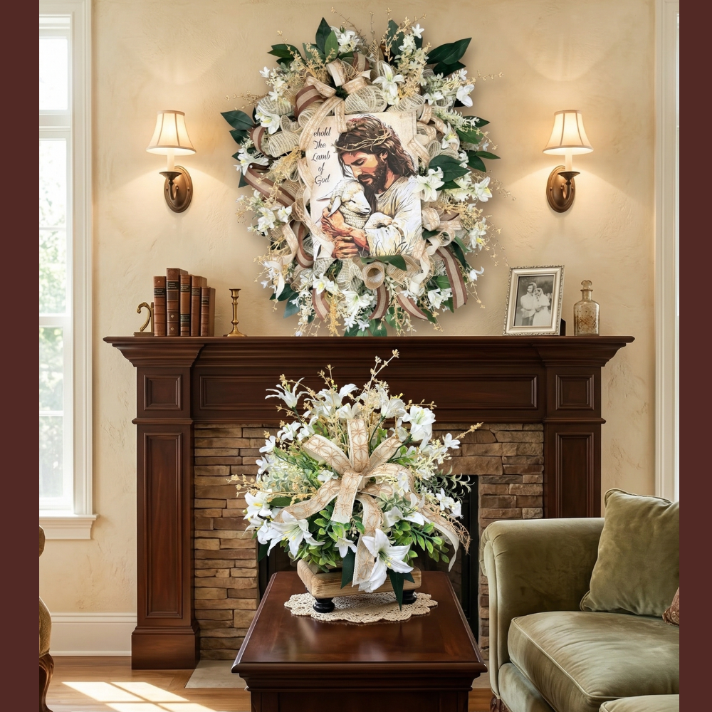 Christian Front Door Wreath with Jesus and Lamb of God – Neutral Elegant Faith Decor for a Warm, Meaningful Entryway
