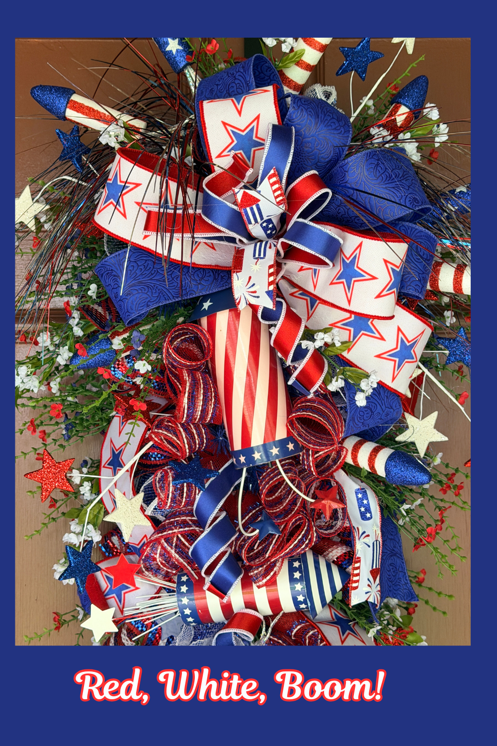 Patriotic Front Door Swag with Firecrackers | Red White Blue Americana Porch Decor