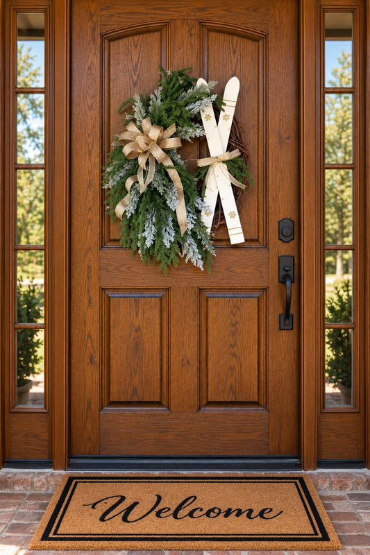 Ski Christmas Wreath for Front Door, Winter Ski Lodge Decor, Rustic Christmas Door Wreath, Snow Ski Holiday Decor, Cabin Christmas Decoration