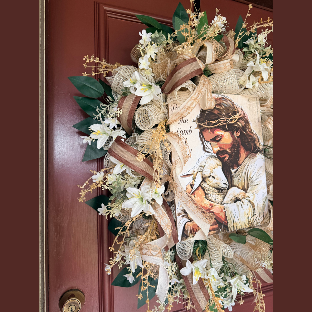 Christian Front Door Wreath with Jesus and Lamb of God – Neutral Elegant Faith Decor for a Warm, Meaningful Entryway