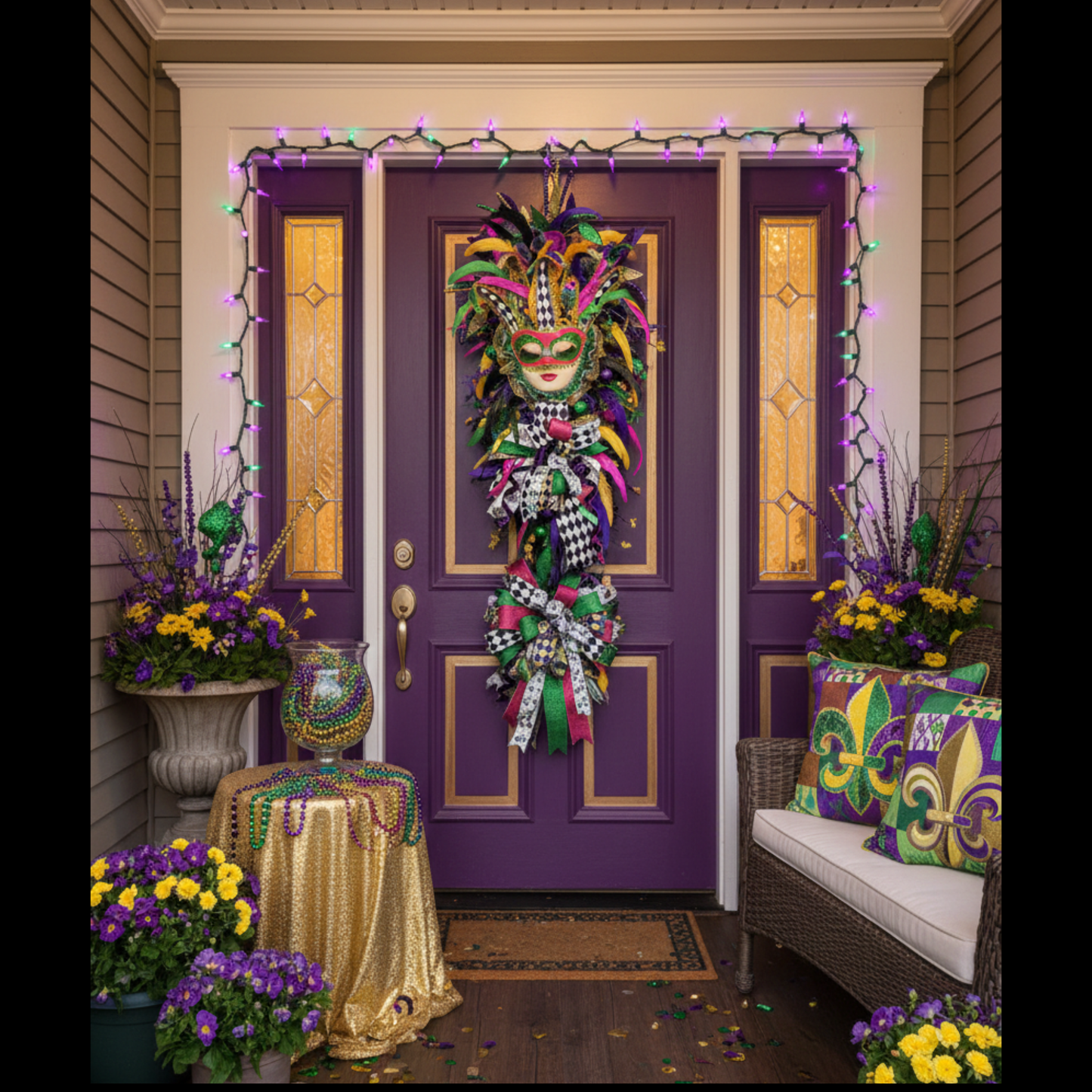 Mardi Gras Masquerade Door  XL Swag | Purple Green Gold Carnival Mask Door Decor