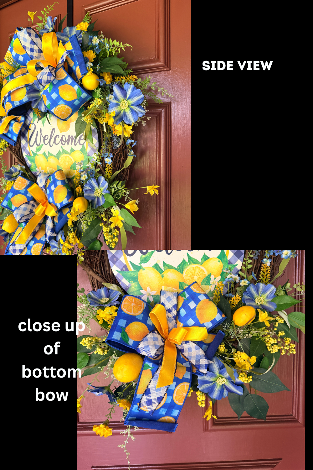 Lemon Welcome Wreath for Front Door | Blue & Yellow Summer Citrus Grapevine Door Hanger