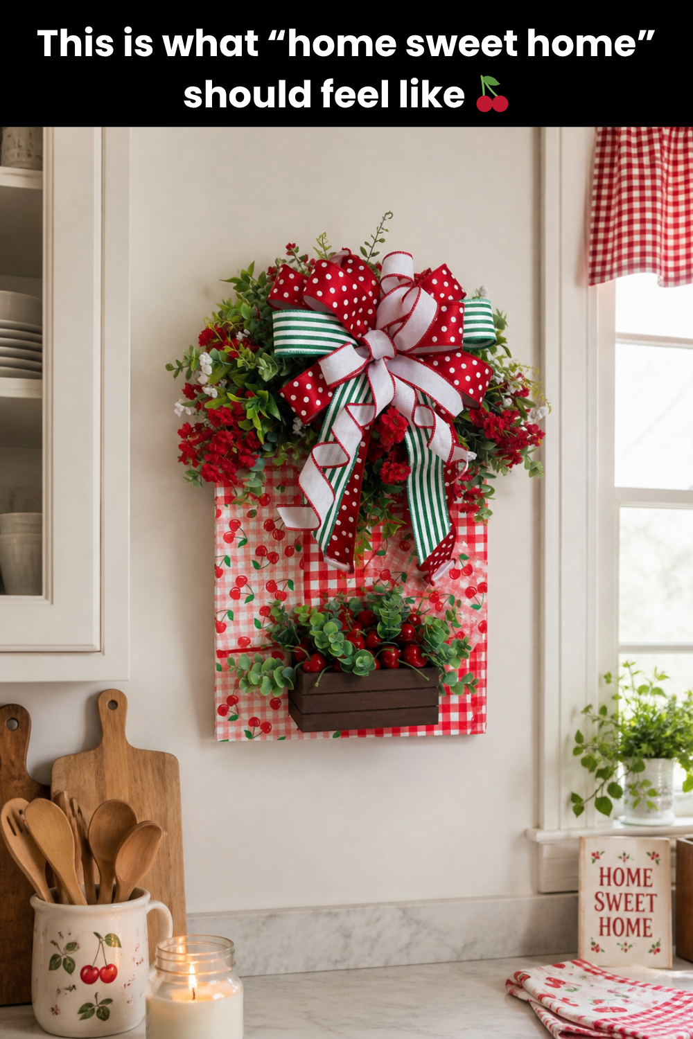 Cherry Farmhouse Kitchen Decor Wall Hanging | Red Gingham Summer Kitchen Accent