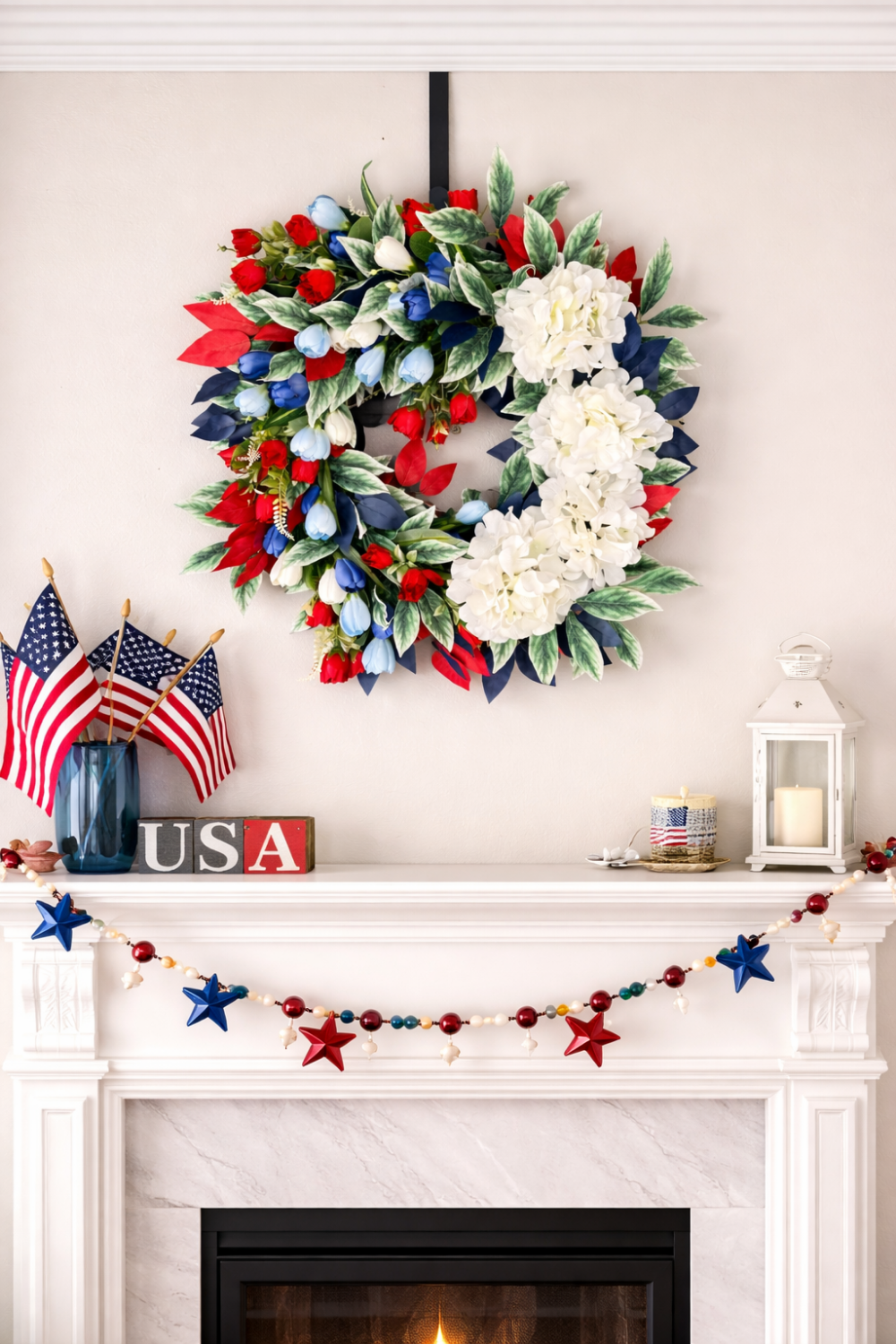 Patriotic Front Door Wreath with Red White Blue Florals | Summer Home Decor | Statement Entryway
