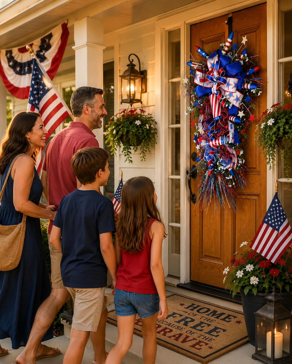 Patriotic Front Door Swag with Firecrackers | Red White Blue Americana Porch Decor